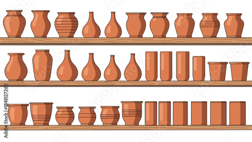 Collection of various terracotta pottery and ceramic vessels displayed neatly on wooden shelves against a white background.