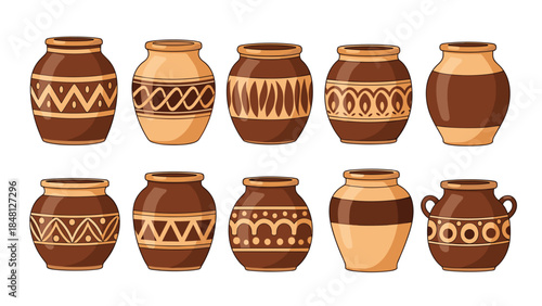 Collection of decorative ceramic pots and vases with various traditional patterns, ideal for rustic or mediterranean style designs.