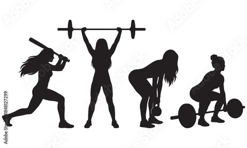 Female Athletes Silhouette Set with Softball, Weightlifting, and Kettlebell Training