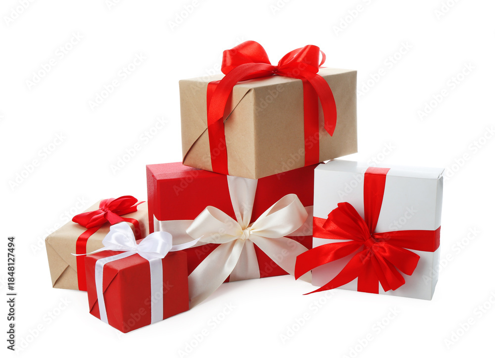 Obraz premium Beautiful Christmas gift boxes isolated on white