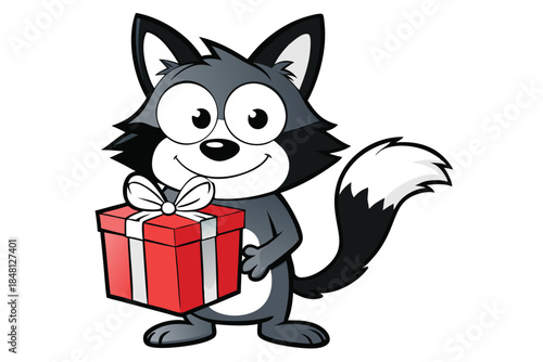 Cartoon arctic fox cheerfully holds a red gift box with a beautiful white ribbon
