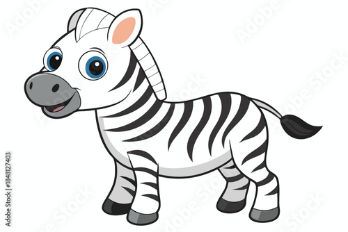 Cartoon zebra stands, showing a black and white striped pattern with blue eyes