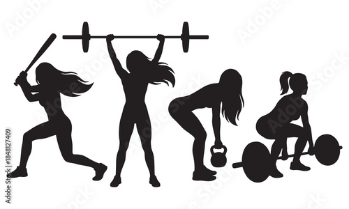 Set of Female Athlete Silhouettes, Women Fitness and Strength Training Icons, Gym Workout Vector Illustration