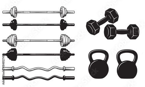 Vintage Gym Equipment Illustration Set with Barbells, Dumbbells, and Kettlebells in Sketch Style