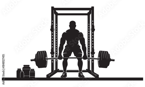 Silhouette of Muscular Bodybuilder Performing Heavy Deadlift in Power Rack Gym Setting