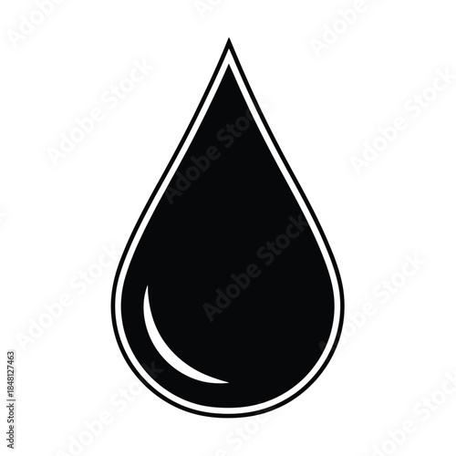 A black teardrop shape with a white outline on a white background resembling a drop of liquid or oil