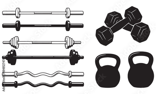 Vintage Hand Drawn Gym Equipment Set with Barbells, Hex Dumbbells, and Kettlebell Silhouettes