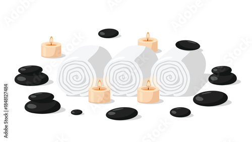 Relaxing spa arrangement with rolled towels, lit candles, and smooth zen stones creates a serene and peaceful atmosphere.