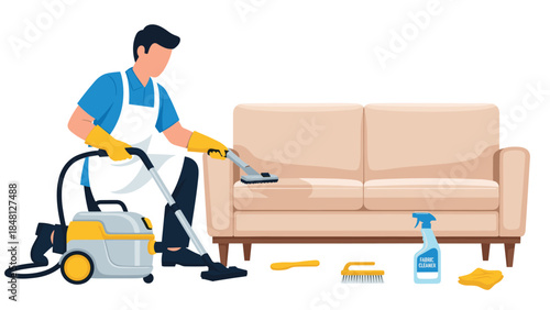 A diligent cleaning professional is meticulously vacuuming a light beige sofa, utilizing various cleaning tools for a spotless home environment.