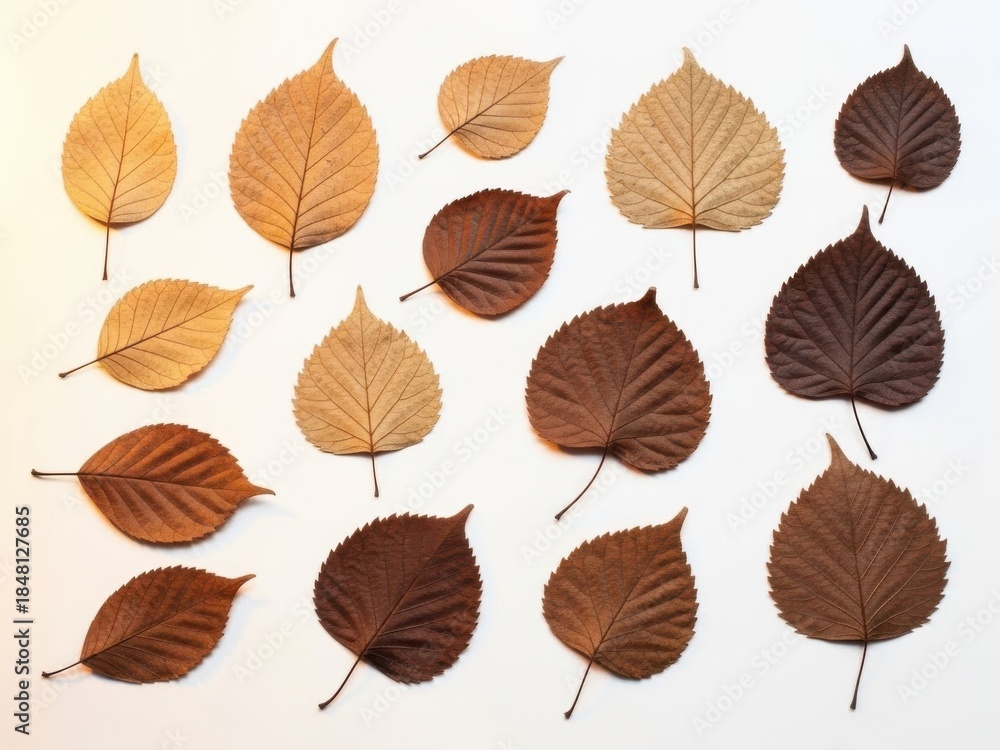 Fototapeta premium Collection of dry brown leaves on white background for nature and seasonal designs