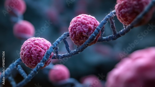 Colorful 3D Render of DNA Helix with Pink Spheres and Blue Strands Highlighting Complex Biological Structure and Genetic Composition in Detail