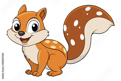 Cartoon squirrel with a fluffy tail shows a friendly smile and inviting demeanor