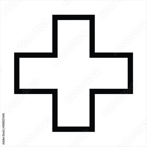 A simple black outline of a medical cross on a white background used for healthcare and medical purposes globally as a symbol