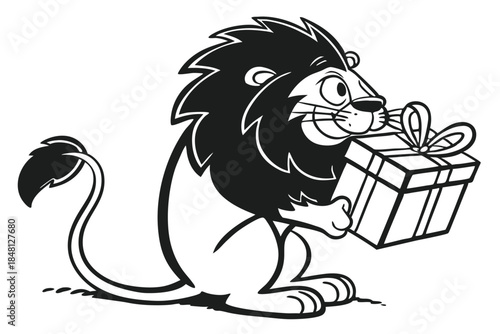 Cartoon lion smiles cheerfully while presenting a ribbontied gift box in monochrome outline