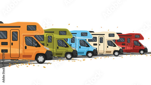 Colorful camper vans are parked in a row, suggesting a road trip or recreational vehicle lifestyle.