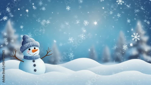 Adorable Snowman Wearing Knitted Hat and Scarf in Snowy Winter Landscape with Falling Snowflakes Animated Background