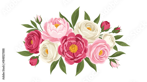 Elegant floral arrangement featuring roses and peonies in shades of pink and cream creates a beautiful and delicate botanical illustration.
