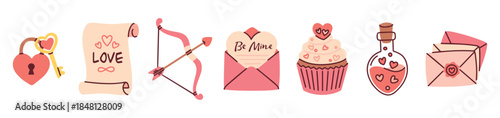 Horizontal line of holiday icons including a lock, scroll, cupcake and potion. Decorative border element for Valentine's Day headers and footers.