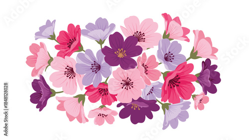 Delicate floral arrangement of cherry blossoms in shades of pink, purple, and blue creates a beautiful springtime aesthetic.
