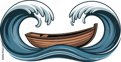 Wooden boat navigating through rough ocean waves vector cartoon illustration