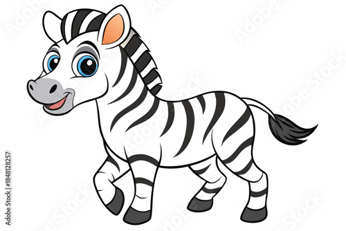 Smiling cartoon zebra with big blue eyes walks happily on a white background