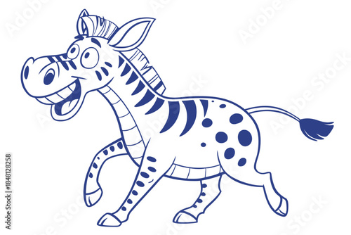 Animated zebra running with wide smile and distinct spots and stripes appears energetic