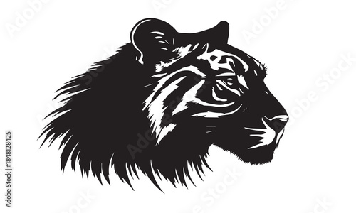 Majestic Tiger Head Profile Vector Illustration—Black and White Stencil Graphic for Logo or Tattoo Design