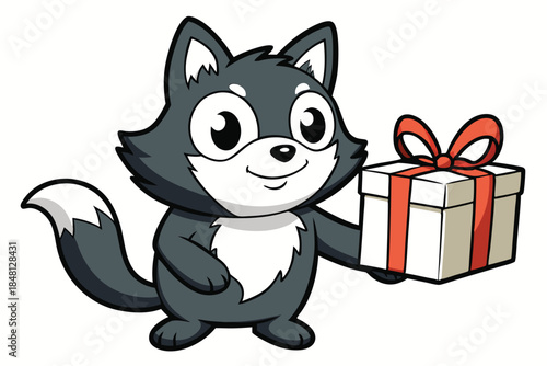 Cartoon wolf is cheerfully presenting a white and brown wrapped gift with red ribbon
