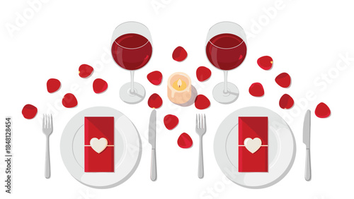 Romantic dinner setting with wine glasses, rose petals, and candlelight creates a cozy and intimate atmosphere for a special occasion.