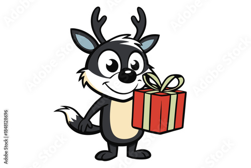Cartoon skunk with antlers joyfully carries a brightly colored and ribboned gift