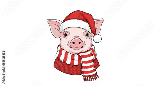 Festive pig wearing a santa hat and striped scarf brings holiday cheer and a touch of whimsy to seasonal celebrations.
