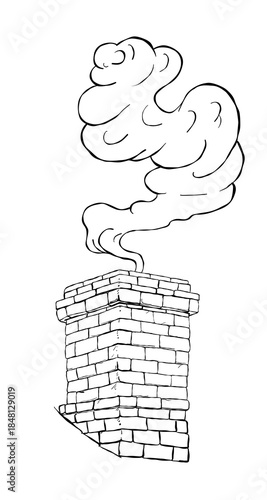 Hand drawn brick chimney with swirling smoke winter home heating scene in black and white line art illustration