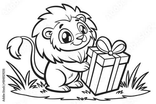 Outlined cartoon lion smiles while holding a striped gift with a bow on grass