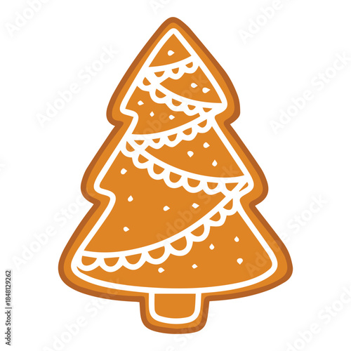 Festive fir tree biscuit isolated on white. Baked gingerbread spruce with garland glaze decoration for winter holiday season.
