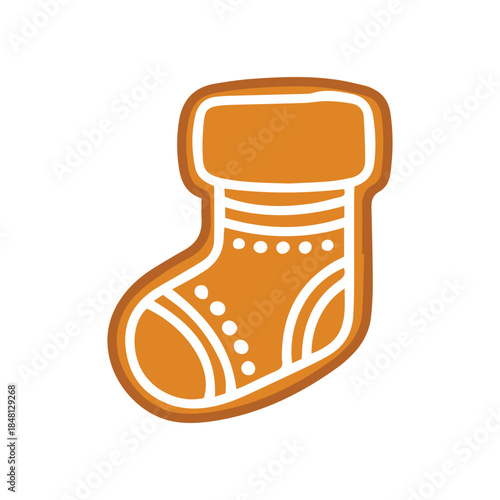 Holiday sock biscuit for Santa gifts. Glazed gingerbread boot or stocking isolated on white background for seasonal design.