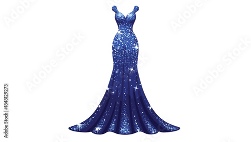 Elegant royal blue evening gown with sparkling details and a flowing train is perfect for a glamorous event.