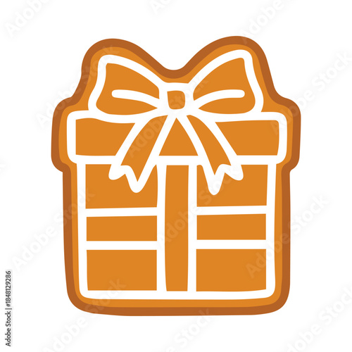 Baked present biscuit for holiday surprise. Glazed gingerbread gift box isolated on white background for Christmas greeting