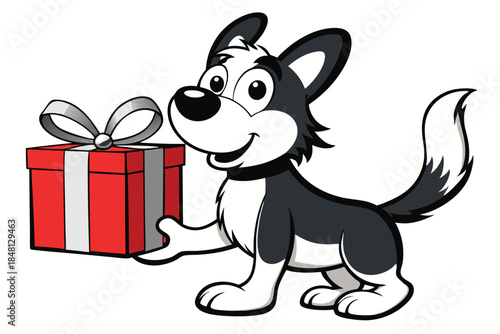 Cheerful cartoon husky happily presents a bright red and gray wrapped gift box