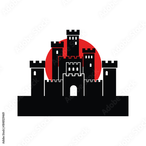 Medieval castle with red sun Vector