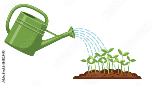 Green watering can gently showers young seedlings sprouting from rich brown soil, symbolizing growth and nurturing in a garden setting.