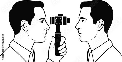 Black and white vector illustration of an eye doctor examining a patient using an ophthalmoscope, medical vision checkup concept.