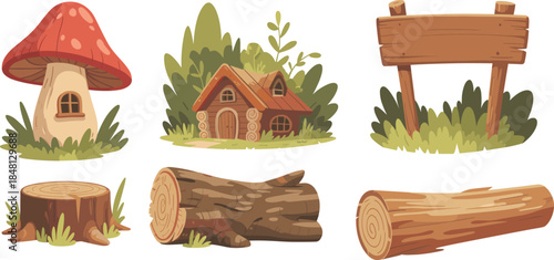 Collection of cartoon forest nature elements including red mushroom house, wooden cabin, signpost and logs, isolated on white background.