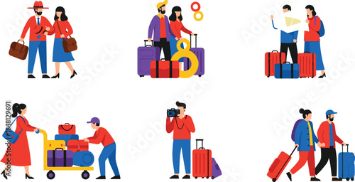 Collection of Flat Vector Characters Depicting Tourists with Luggage, Couples Reading Maps, and Travelers Isolated on White Background for Summer Vacation Concepts