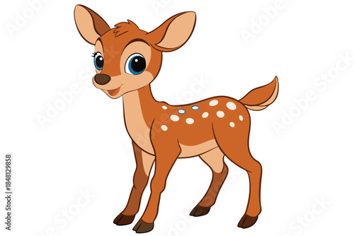 Adorable young cartoon deer with brown spots stands innocently against a blank background