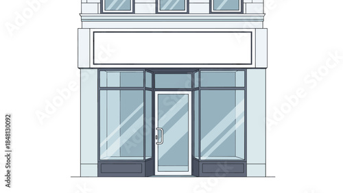 Modern storefront with large glass windows and a blank sign above the entrance offers a welcoming commercial space for businesses.