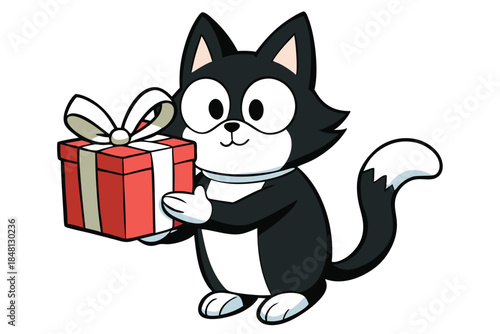 Cartoon cat smiles cheerfully while presenting a red gift box with white ribbon
