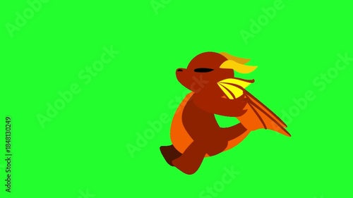 Cute Cartoon Dragon Breathing Fire Animation on Green Screen, Small Red Dragon Character Spitting Flame, Chroma Key Loop for Kids Fantasy Video