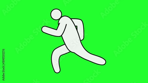 Running Man Animation on Green Screen, Minimalist Stick Figure Character Jogging, Chroma Key Loop for Motion Graphics, Simple Cartoon Runner Video