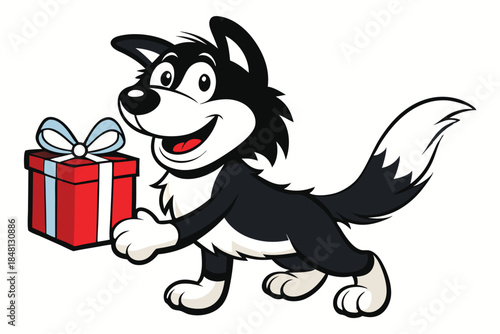 Smiling cartoon husky dog enthusiastically delivers a bright red birthday or holiday present