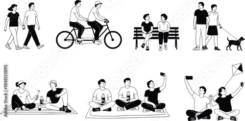 Set of black and white vector illustrations of friends and couples enjoying outdoor activities like walking, cycling and picnicking.